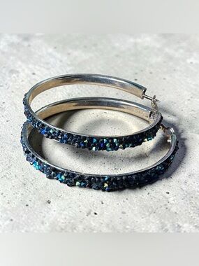 Crystal Pavé Hoop Earrings in Black and iridescent Blue